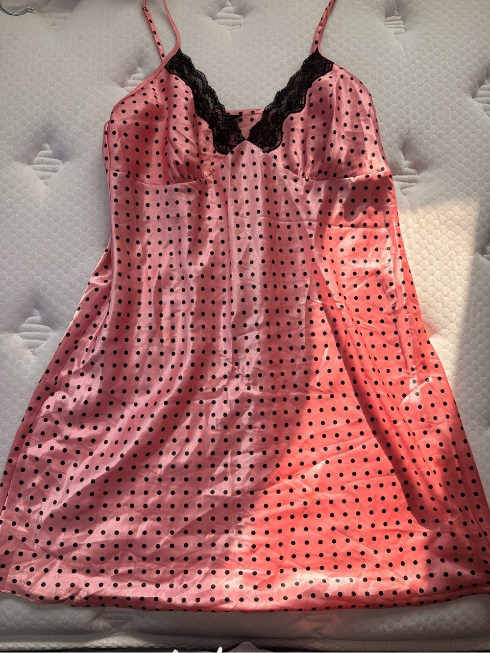 Ambrielle Pink Polka Dot Satin Chemise with Black Lace